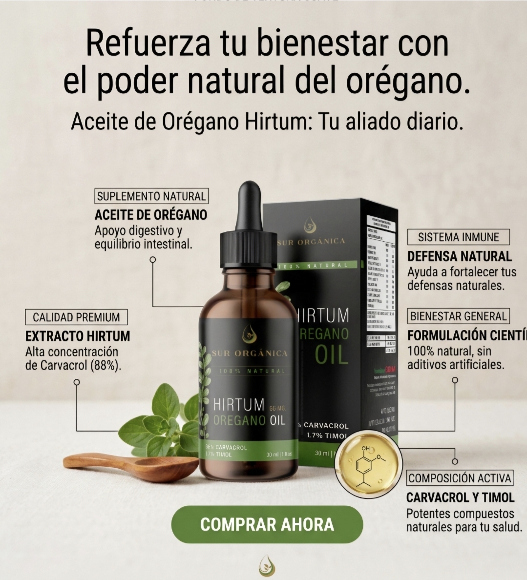 ACEITE DE OREGANO HIRTUM 66mg en 8 gotas para 80 días.